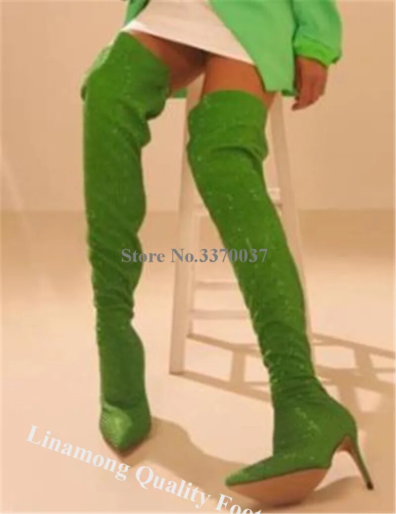 VCSHOES Rose Pink Crystals Boots Over Knee Stiletto Heel Rhinestones Stiletto Heel Boots Slim Shining Green Long Boots