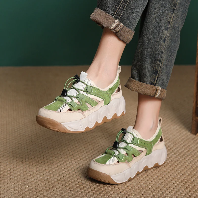 Yyvonne Layer Kraft Breathable Mesh Hollow Sandals Women 2025 Summer New Thick-Soled Comfortable Sports Casual Shoes