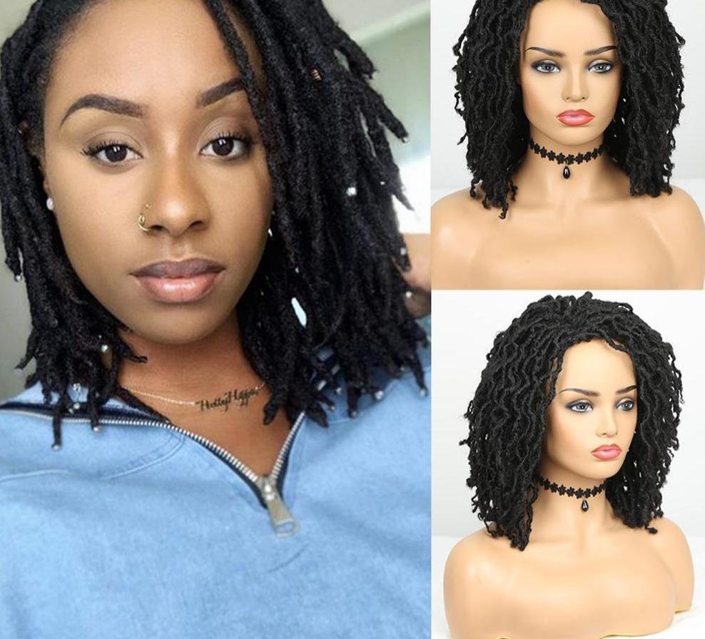Dreadlock Curly Wig Short Synthetic Twist Natural Black Brown-VESSFUL