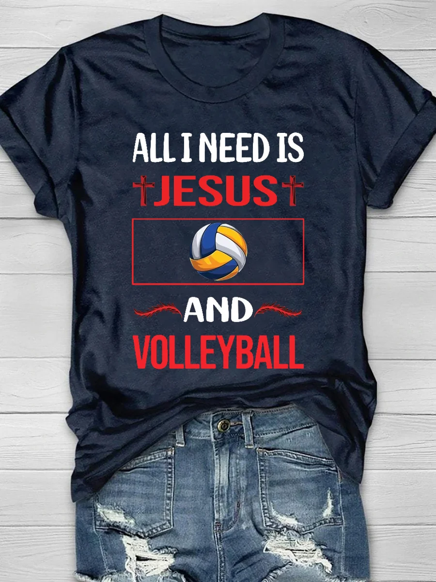 Funny Jesus And Volleyball Print Short Sleeve T-Shirt