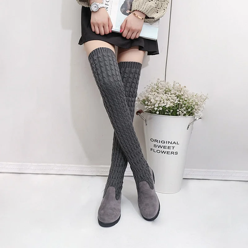 comemore Women's Boots 2021 Autumn Winter Thigh High Boots for Women Knitting Wool Long Boot Woman Brown Black Ladies Flat Shoes
