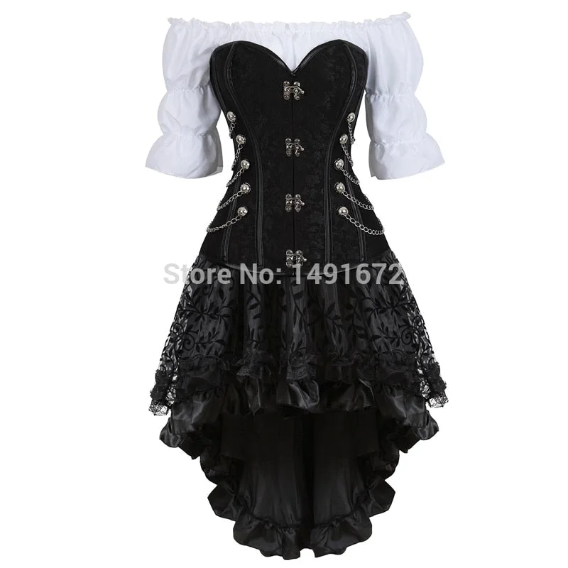 corset skirt 3 piece leather dress bustiers corset steampunk pirate lingerie corsetto irregular burlesque plus size black brown 210