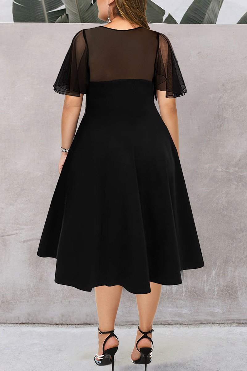 Plus Size Mesh Stitching Ruffle Sleeve Solid Midi Dresses