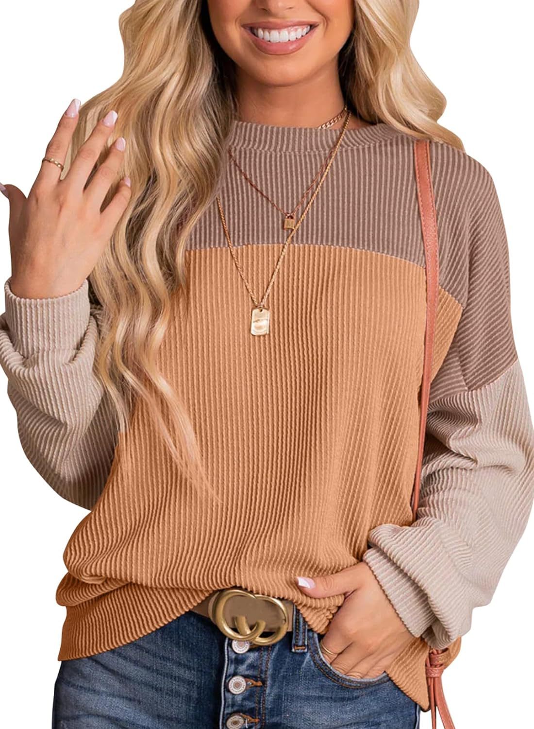 ⏰Hot Sale-Womens Color Block Long Sleeve Crewneck Knitted Pullover Sweatshirt Tops