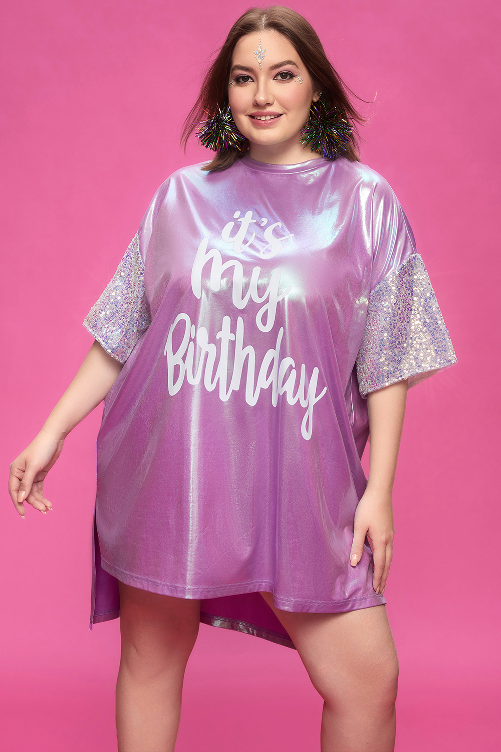Design Plus Size Party Lavender Letter Print Round Neck Short Sleeve Asymmetric Hem Glitter Mini Dresses[Pre-Order]