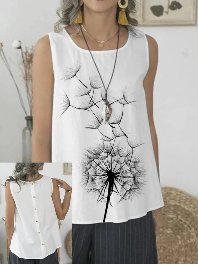 Women's Dandelion Print Casual Button Back Sleeveless Tank Top