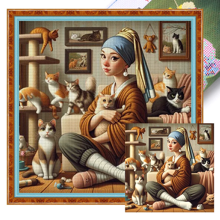 Girl With Earrings And Cat (45*45cm) 16CT Stamped Cross Stitch gbfke