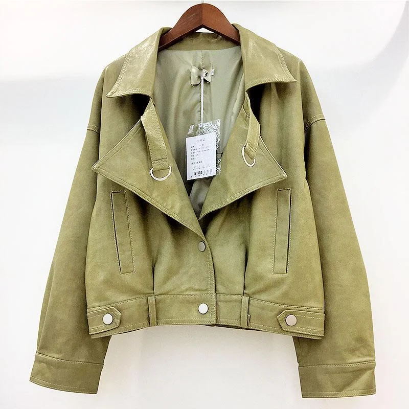 Ftlzz Autumn Faux Leather Jacket Women Loose Turndown Collar Single Breasted Motorcycle Leather Coats Moto Jacket Women