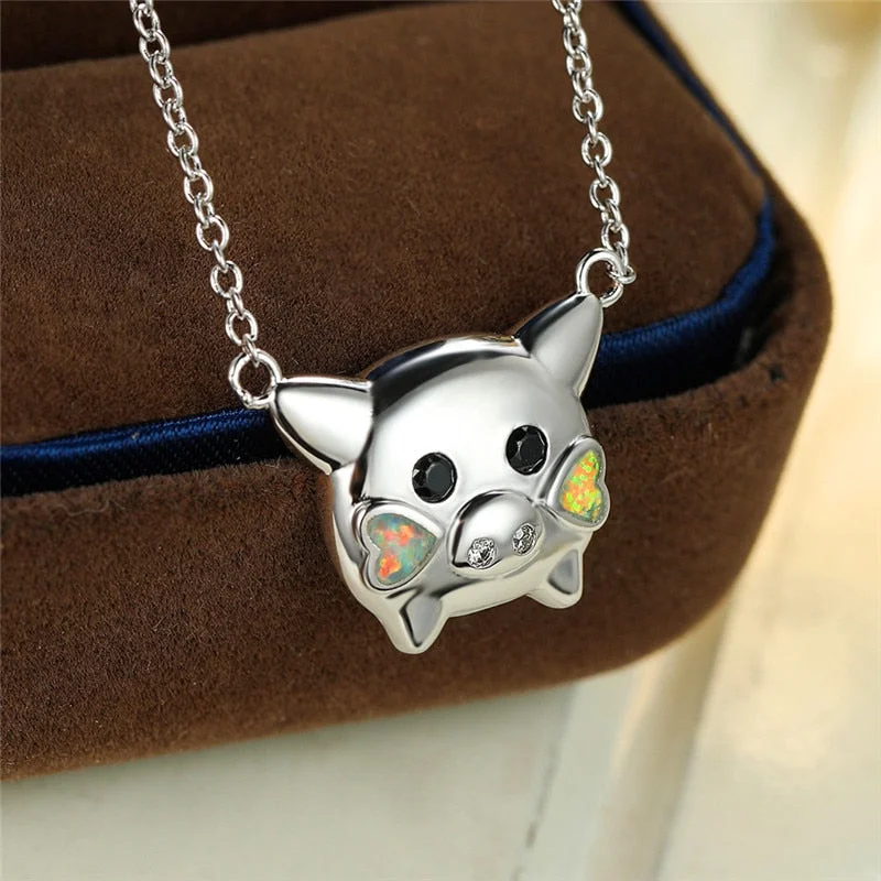 Cute Female Animal Pig Pendant Necklace Rose Gold Silver Color Chain Necklaces For Women Love Heart Opal Zircon Wedding Necklace