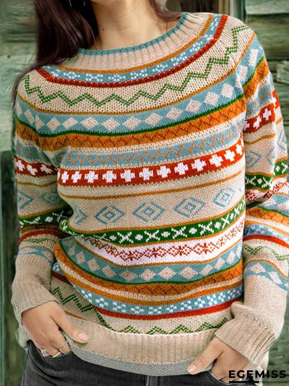 Color-Block Crew Neck Long Sleeve Geometric Sweater | EGEMISS