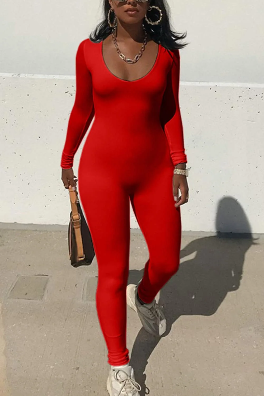Uveng Uveng Spring And Autumn New Women's Explosive Fashion Long Sleeves Slim And Hip Solid Color Jumpsuit