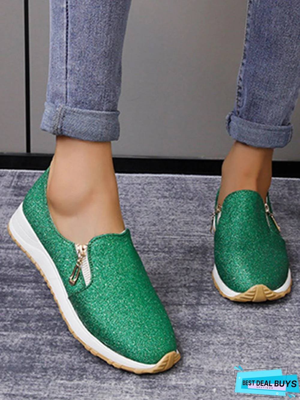 Lightweight Soft Sole Zip Glitter Casual Sneakers