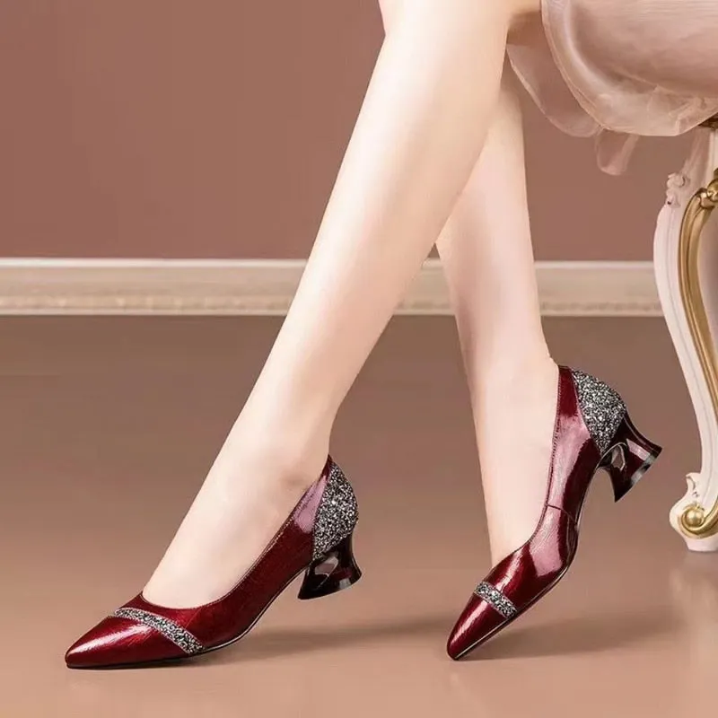 Soft Leather Shallow Shoes,Pointed Toe,2021Spring New Rhinestone Women Mid Heels,Slip on Female Footware,Big Size,бордовые,Black