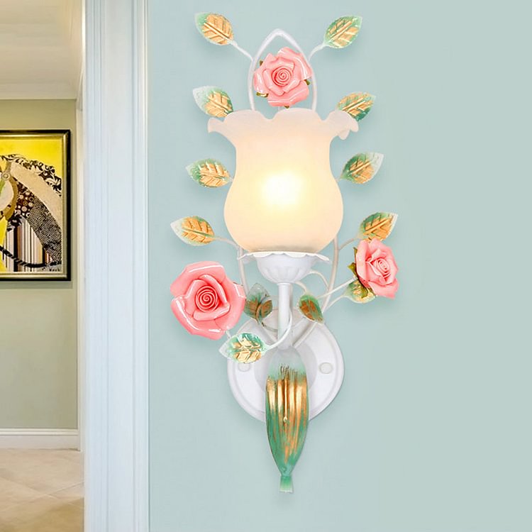 1/2 Bulbs Metal Sconce Fixture Pastoral White Flower Living Room Wall Mounted Lighting