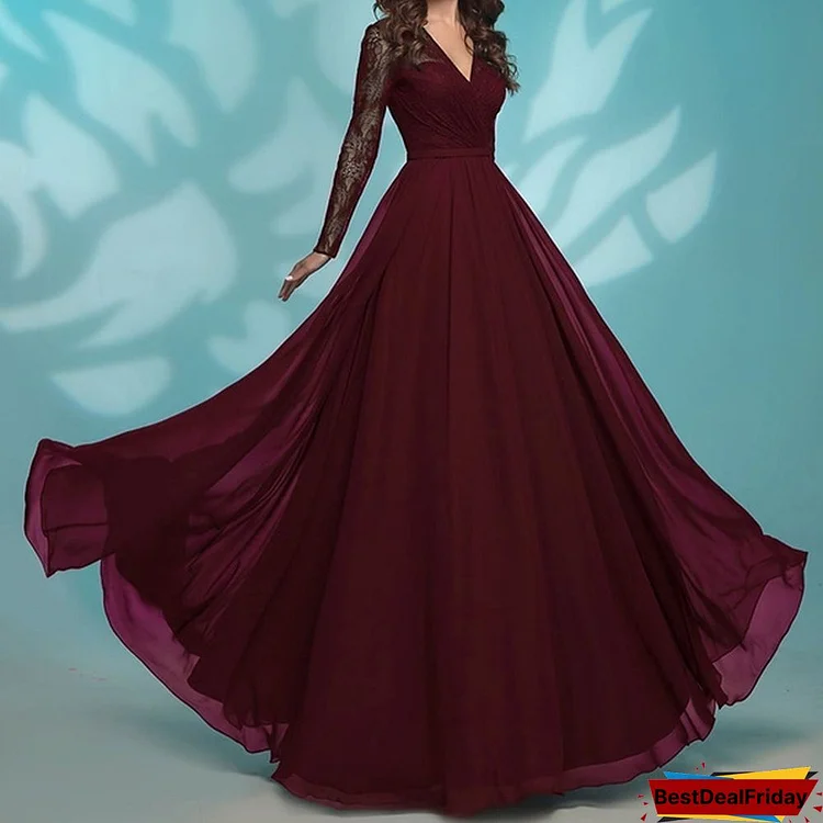 New Women Fashion Lace Sleeve Pure Color Maxi Dress Elegant Evening Party Dress V Neck Chiffon Long Dress Plus Size