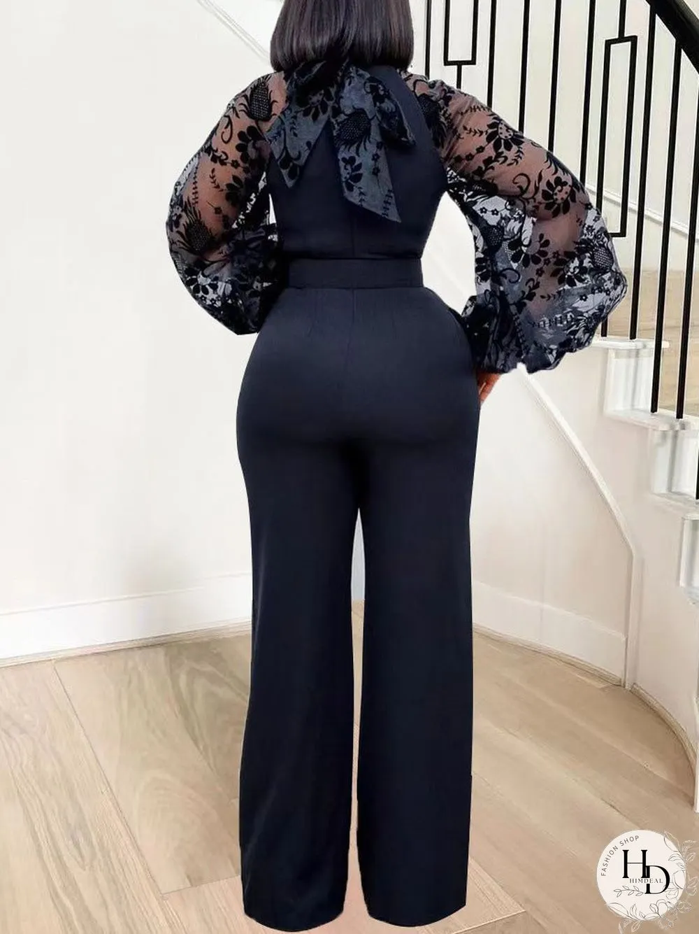 Women'S Jumpsuits Mesh Balloon Sleeve Slim Fit Wide-Leg Jumpsuit