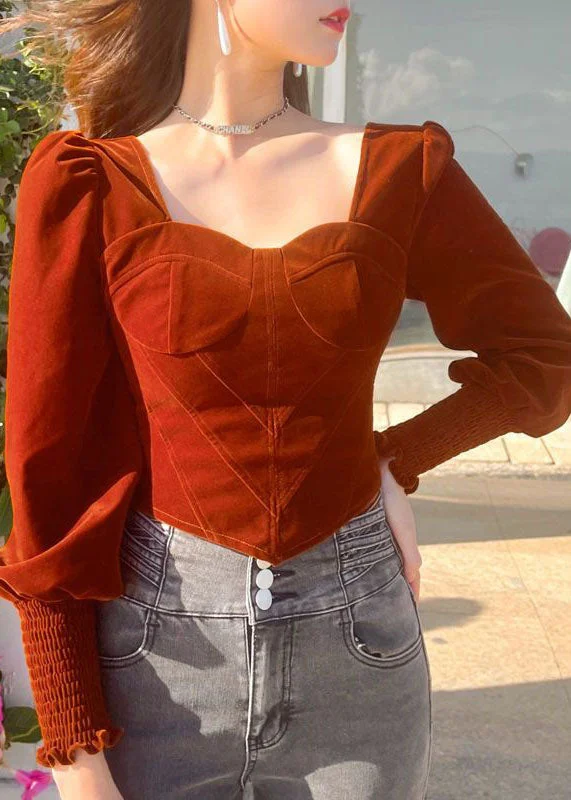 Fittted Red Square Collar Bustier Top Cotton Shirt Top Lantern Sleeve