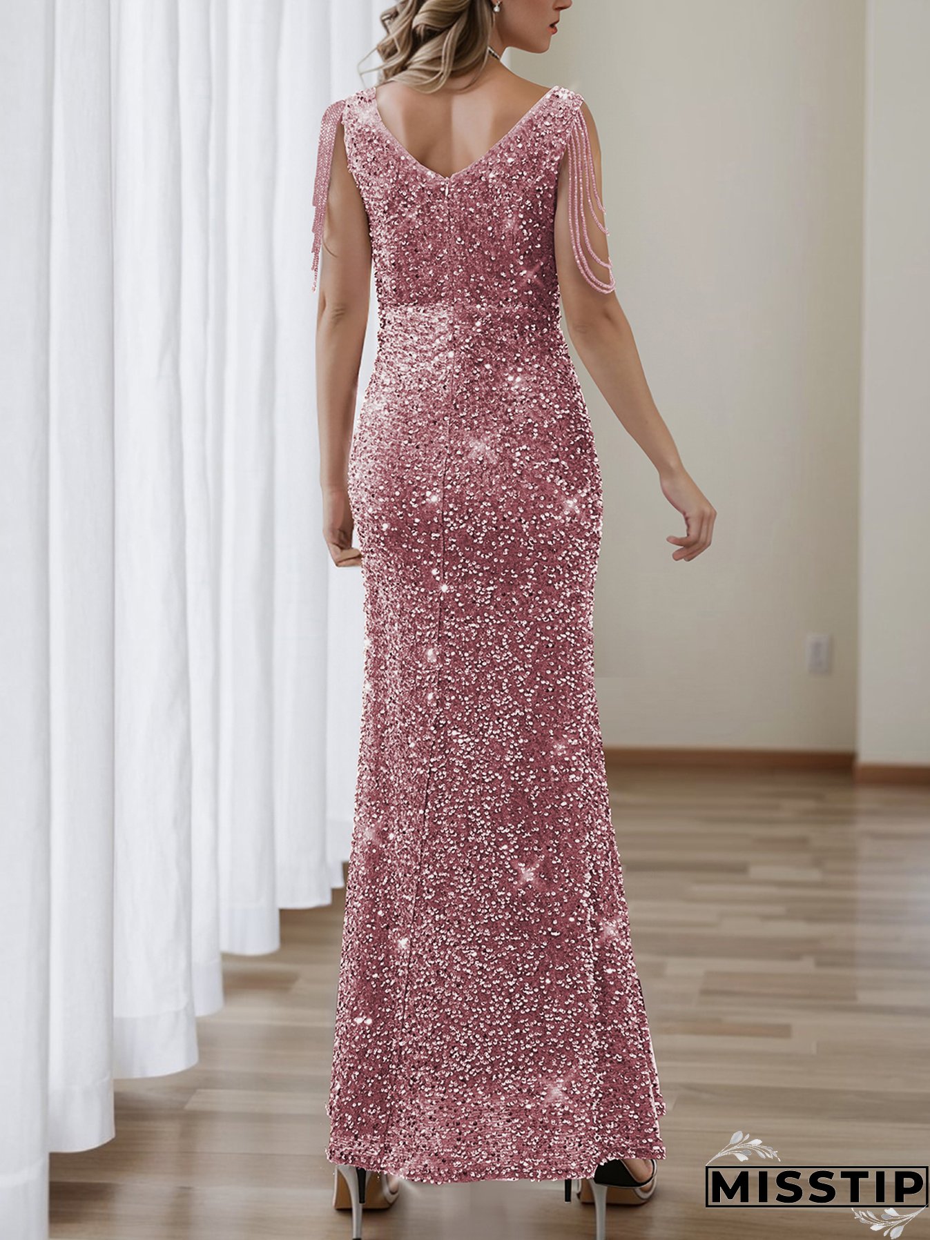 Chic Split Formal Party Long Sequin Evening Dress