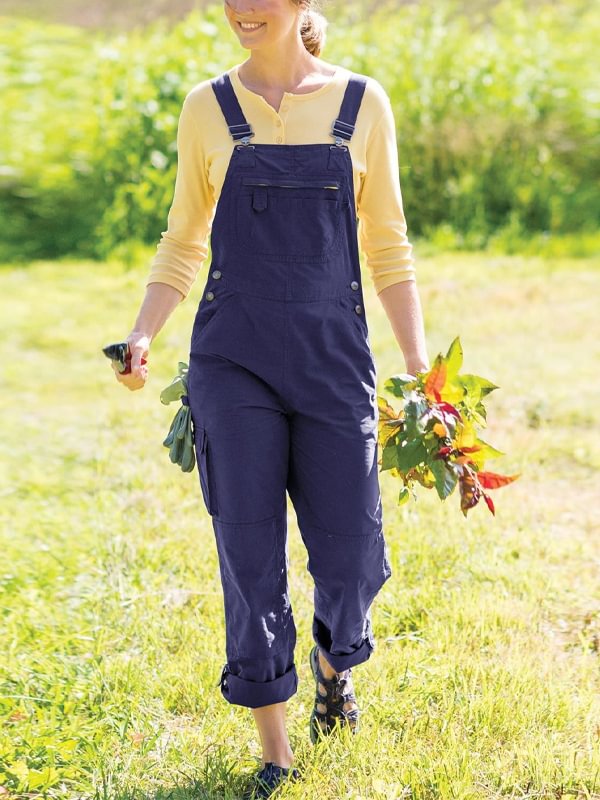 Solid Zipper Button Overalls Jumpsuit