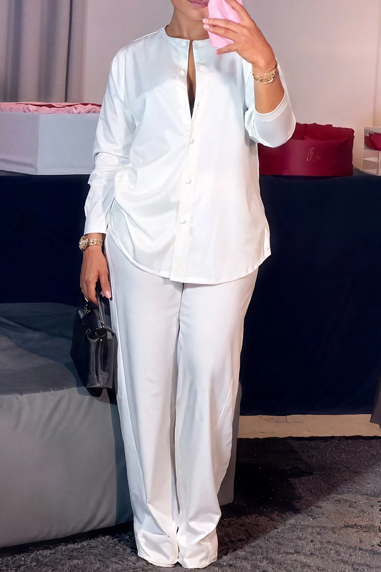 Plus Size Business Casual White Round Neck Long Sleeve Pocket Elegant Button Satin Two Piece Pant Sets [Pre-Order] 2024 - Xpluswear