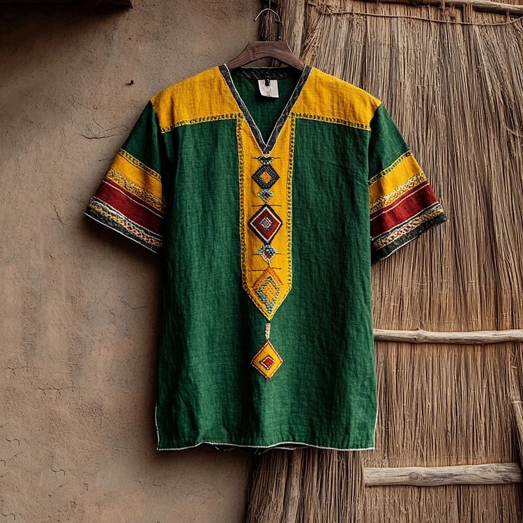 VChics Men's Tribal Geometric Black Pride Juneteenth Art Print Linen T-shirt