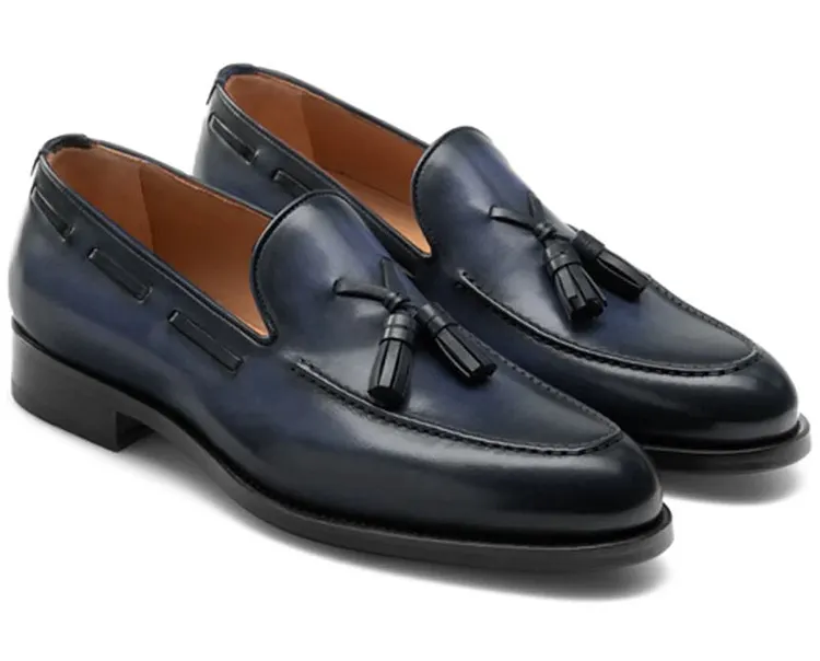 Men's Navy Blue Handmade Leather Tassel Loafers