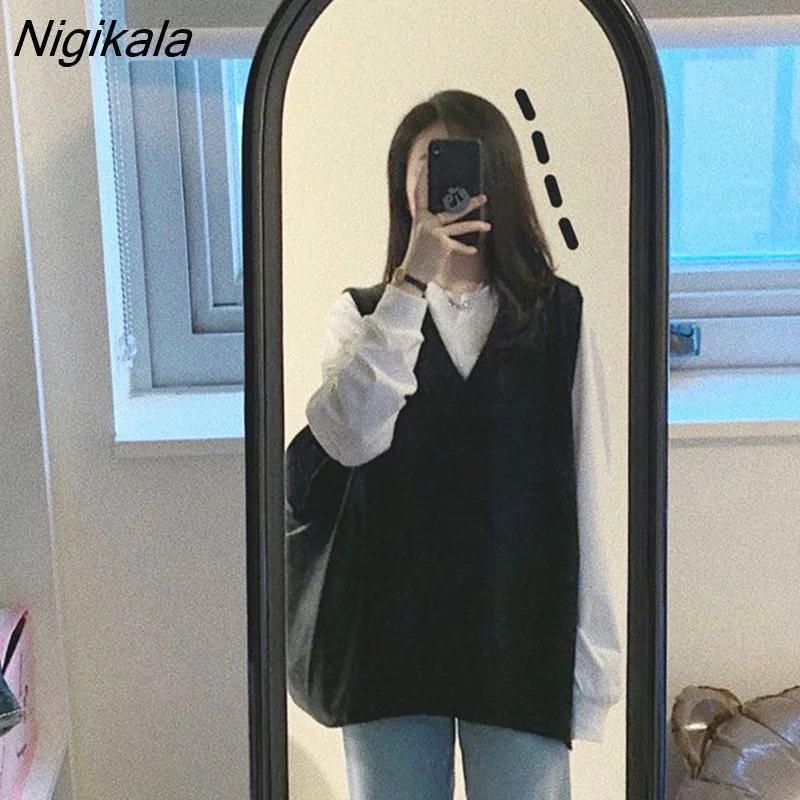 Nigikala Women Sets Students Solid Preppy Style Black Vests Loose Casual Pants Simple Harjuku White Hoodies Korean Daily Ulzzang Trendy