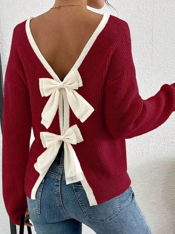Athvotar Athvotar And Winter New Sweater Women's Fashion Back Bow Decorated Round Collar Knitted Shirt