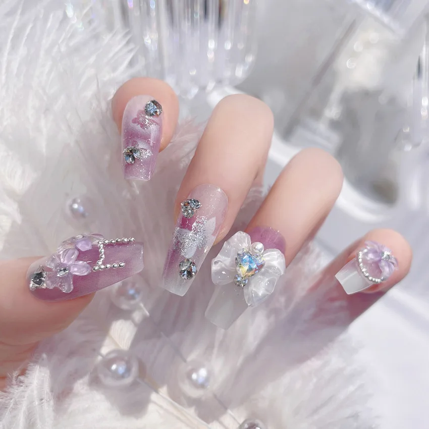 Bayuyun 24Pcs/Set Coffee Leopard French Fake Nails with Diamonds Japan Korean Artificial Acrylic Press on Nails Removable Stick on Nails