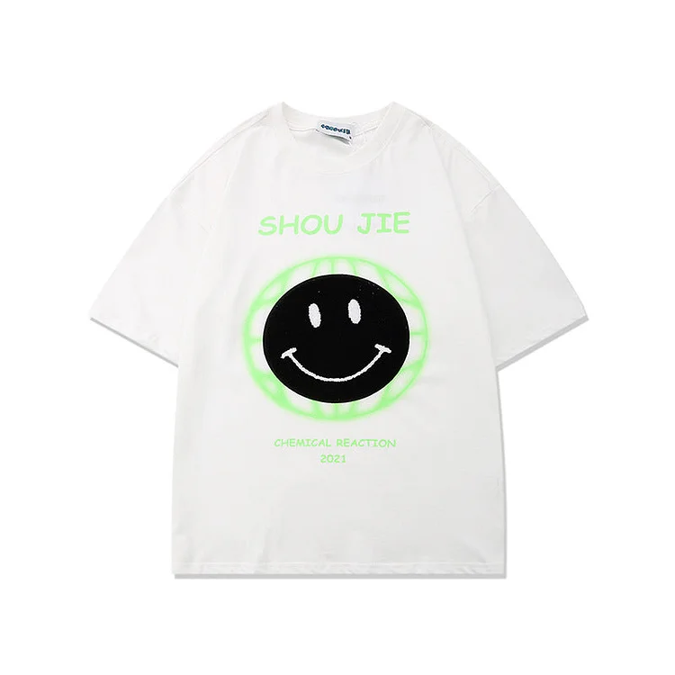 Men's T-shirt Summer High Street Loose Cartoon Smiley Face Short Sleeve T-shirt for Men