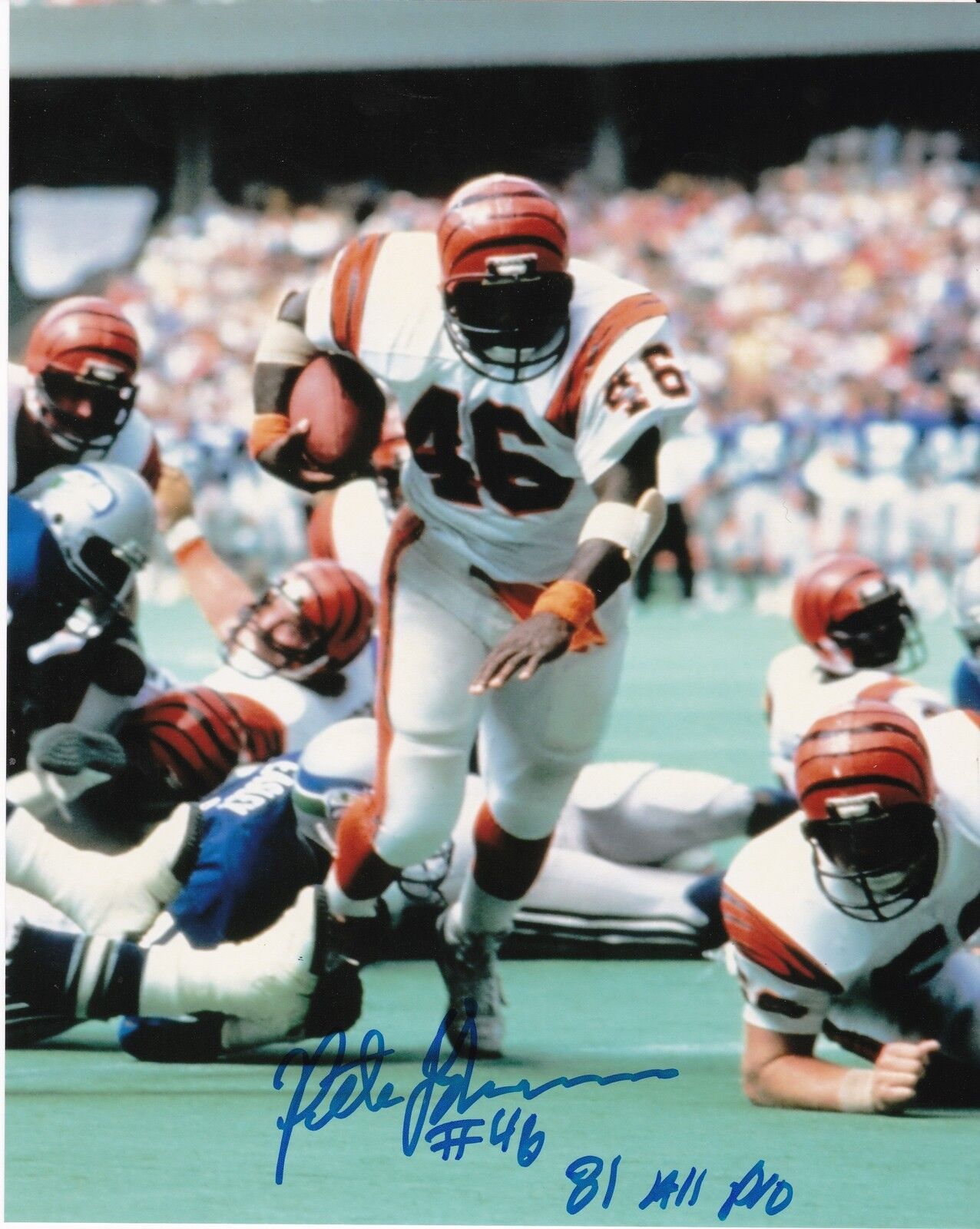 PETE JOHNSON CINCNNNATI BENGALS 1981 ALL PRO ACTION SIGNED 8x10