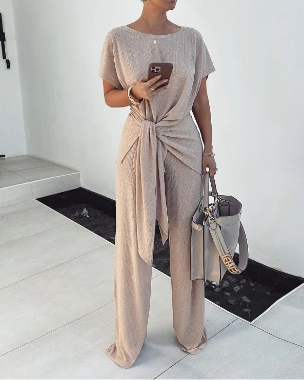 Long sleeve solid color tie two piece set