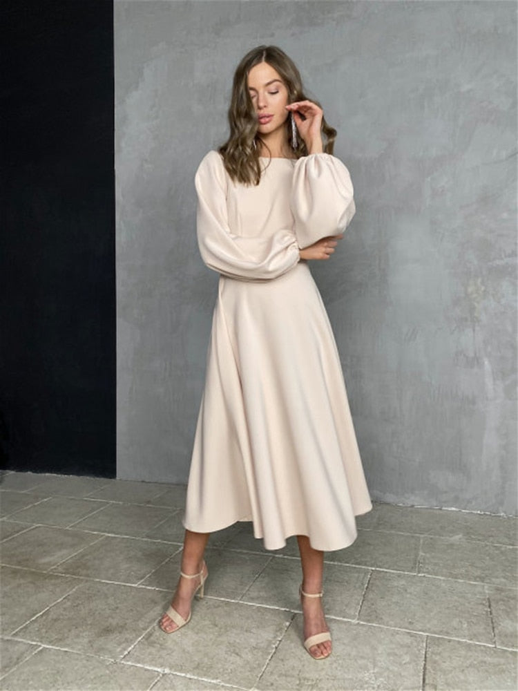 Sexy Backless Party Dress For Women Lantern Sleeves O-neck Midi Dress Casual A-line Elegant Female Dresses Autumn Clothing LANFUBEISI
