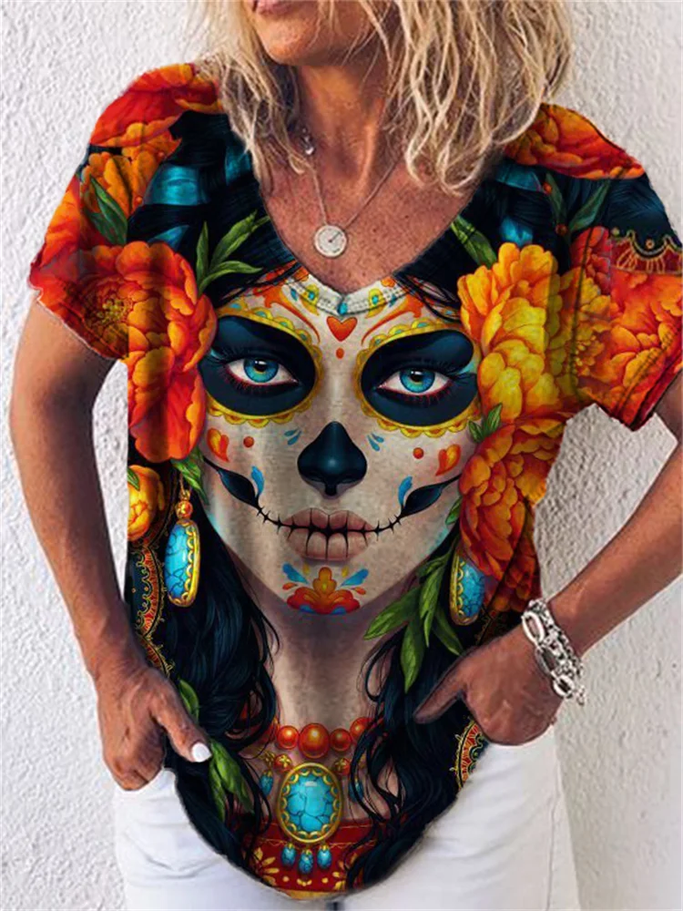 Day of the Dead Skull V Neck Short Sleeve T Shirt