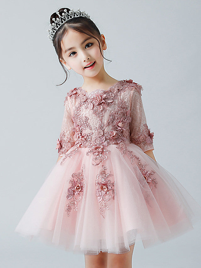 Oknass A-Line Half Sleeve Jewel Neck Flower Girl Dresses Tulle With Appliques