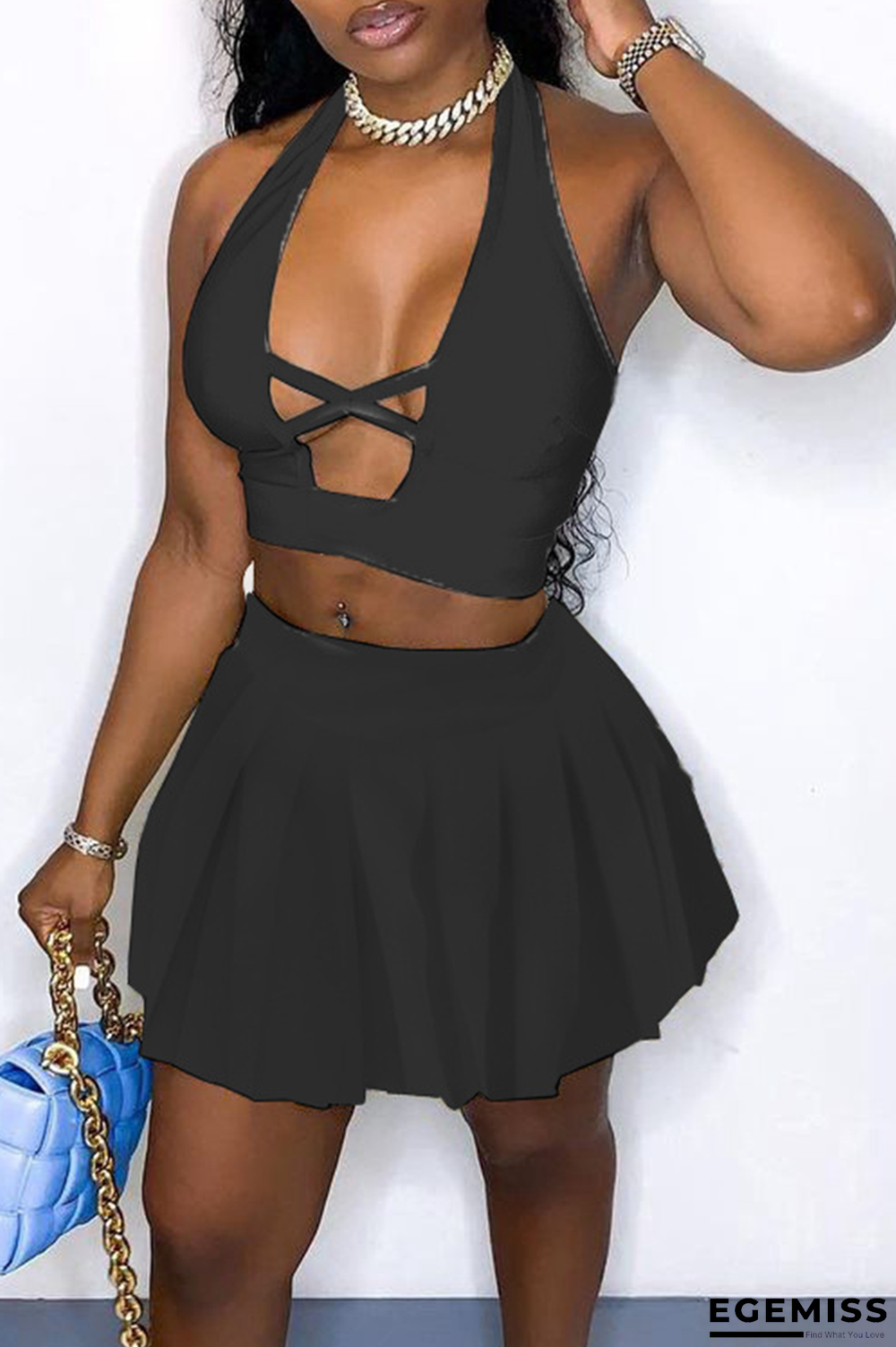 Black Sexy Solid Patchwork Halter Sleeveless Two Pieces | EGEMISS