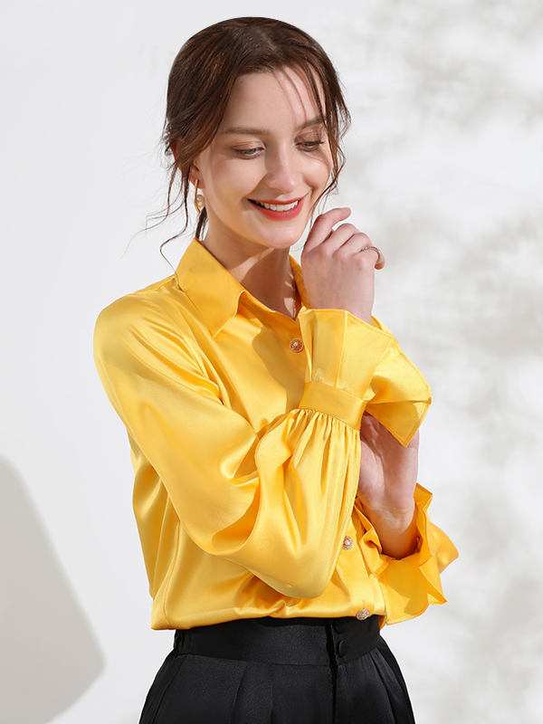 Yellow Ruffled Cuffs Silk Shirt Yellow