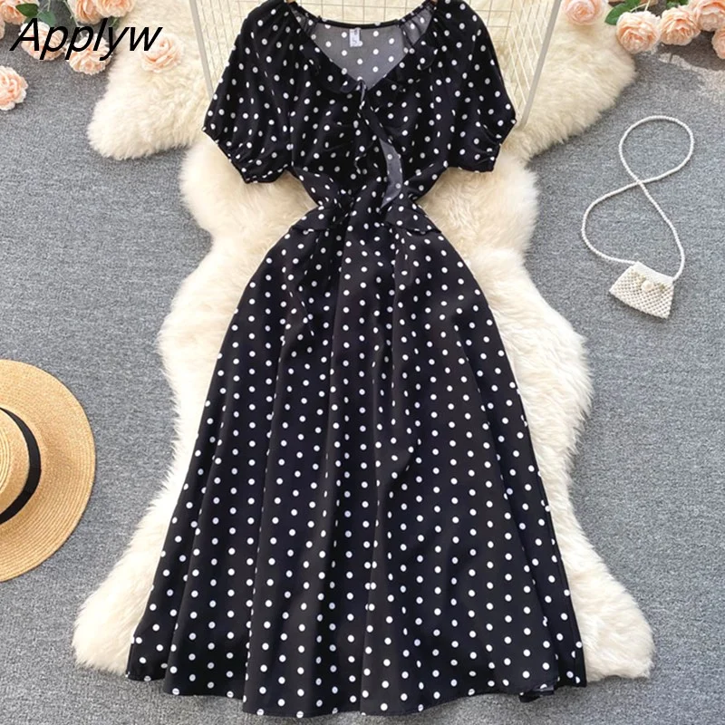 Applyw Big Sale Summer Women Print Polka Dot Dress 2023 New Retro Puff Sleeve V-neck Elegant Dress Casual Ladies Long Dress