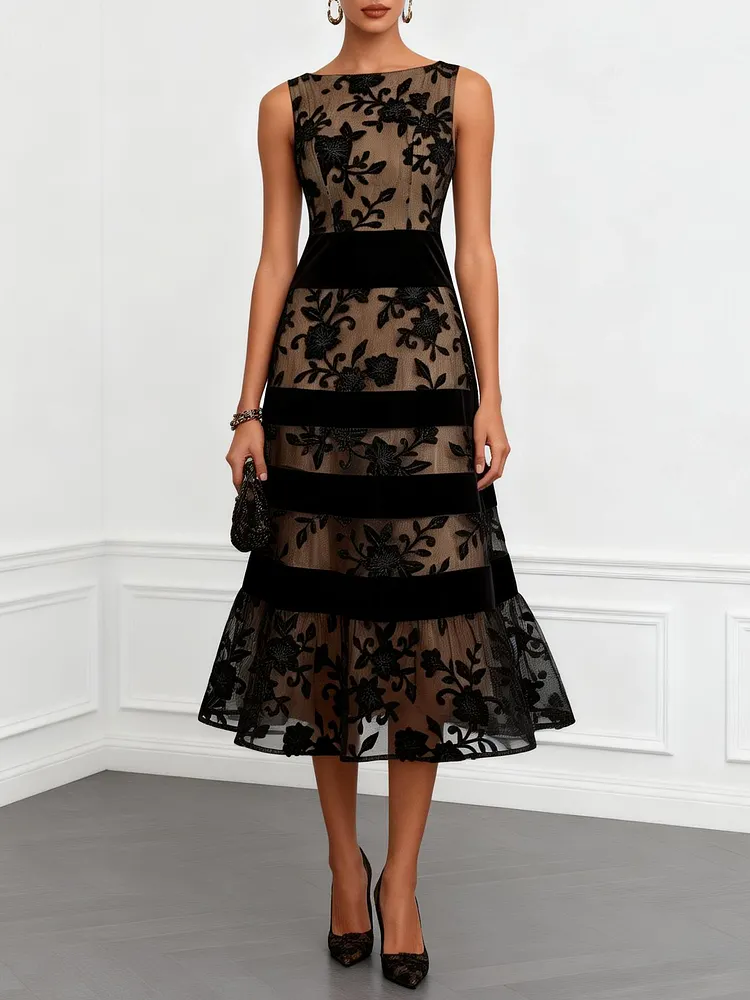 Black Mesh Floral Sleeveless A-Line Midi Dress