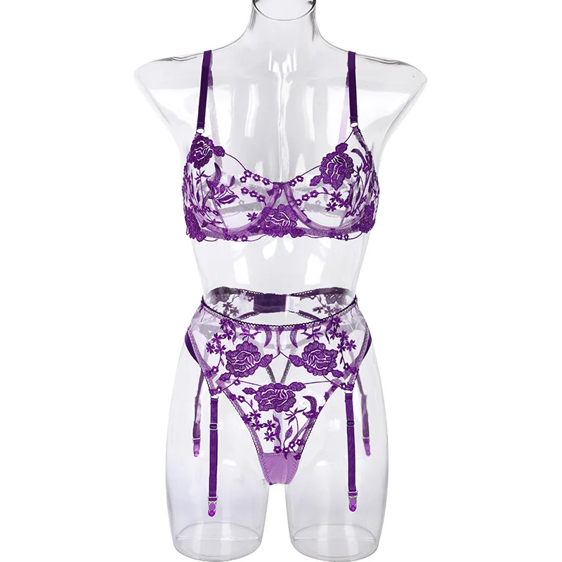 Billionm Women Sexy Lingerie Sex Sensual Bra and Panty 3 Pieces Set with Garter Belt Neon Color Lace Underwear Floral Embroidery Lingerie