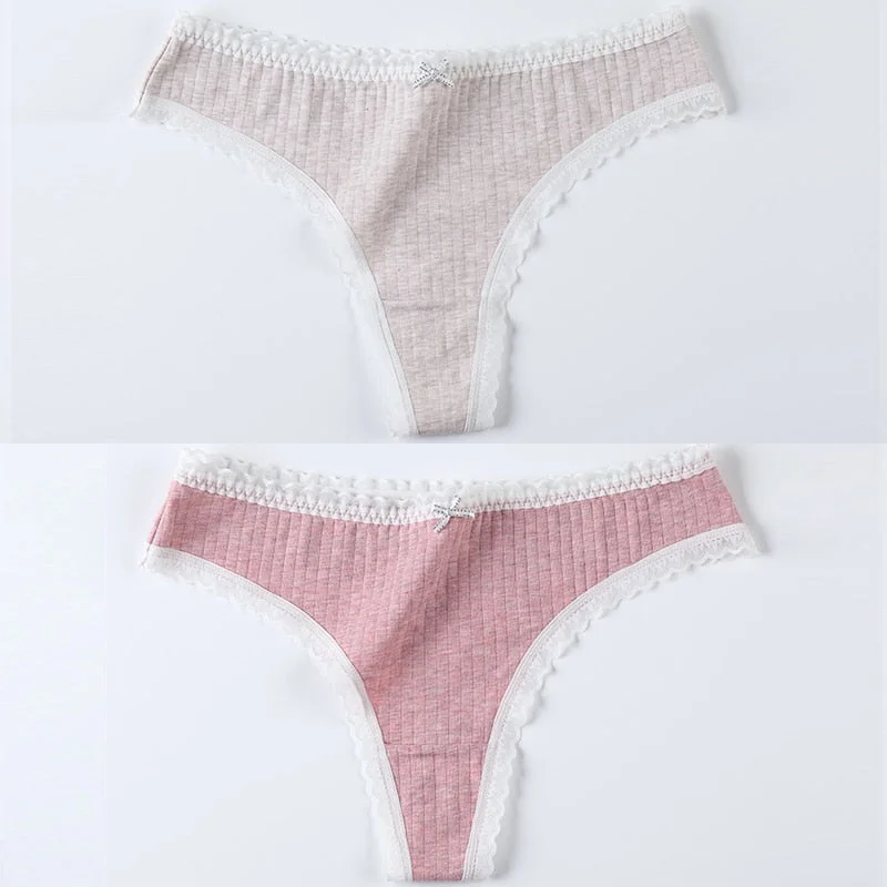 2 Pieces Women Panties Thongs Cotton Striped Underwear Comfortable Cute Low-Rise Ladies G-String Briefs Sexy Kawaii Lingerie
