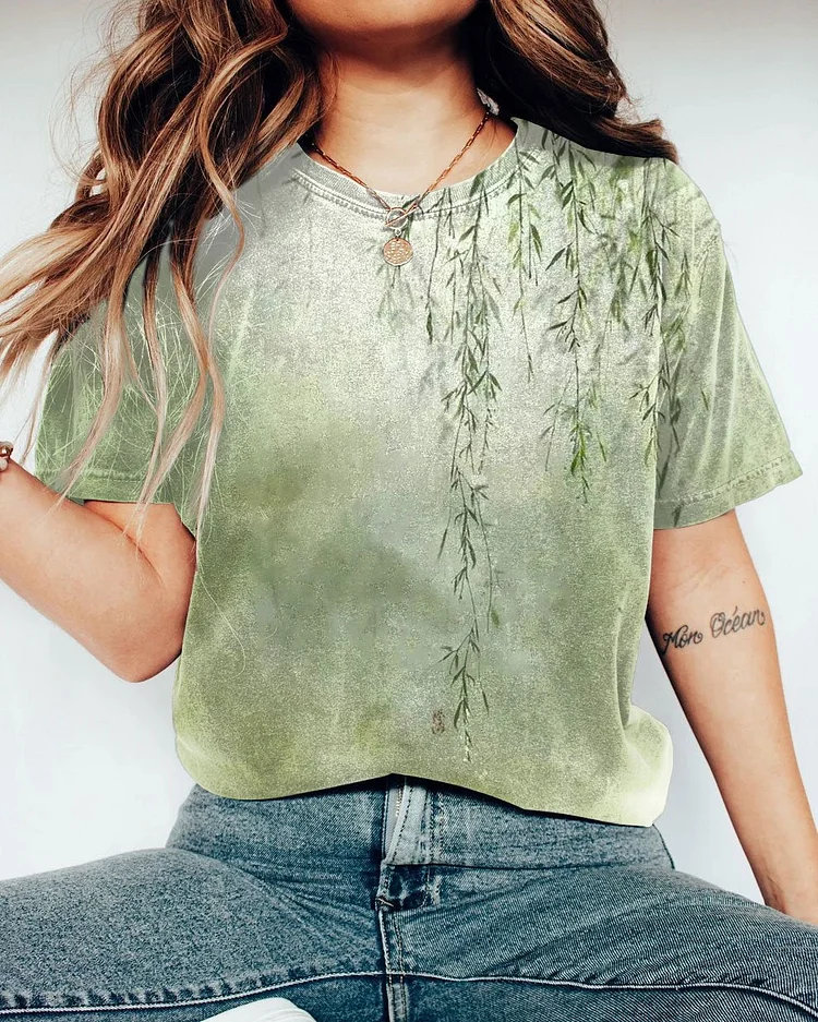 Gradient Willow Leaf Print Short Sleeve Tshirt