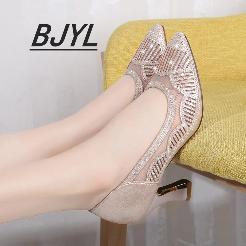 Qengg Surface Breathable High Heels Women 2021 Summer New Style Baotou Mesh Rhinestone Pointed Toe Hollow High Heels for Women