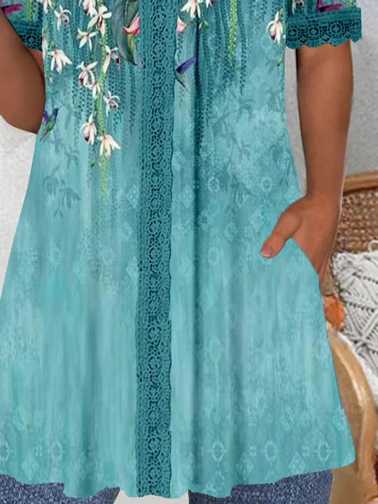 Women's Short Sleeve V-neck Graphic Lace Pockets Tops