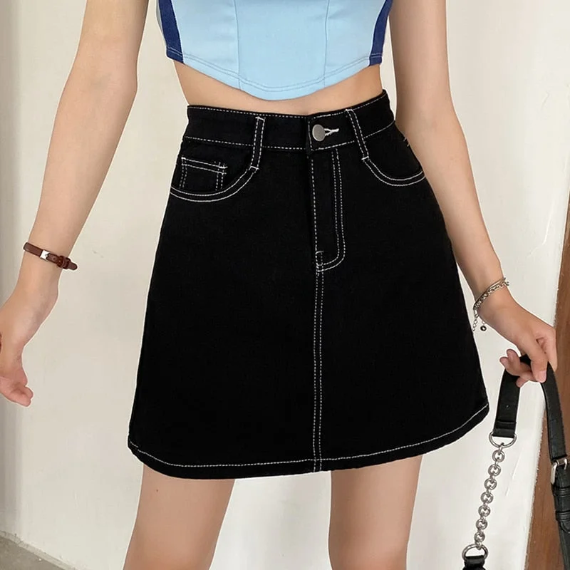 Ailegogo New Summer Women High Waist Solid Color A-line Black Denim Skirt Casual Female Slim Fit Ladies Mini Jeans Skirts