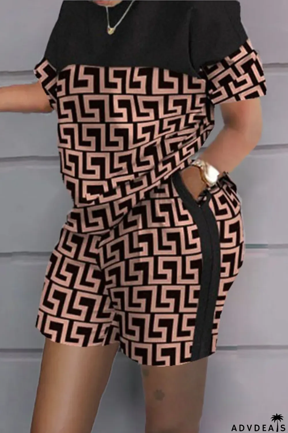 Brown Casual Print Patchwork O Neck Short Sleeve Two Pieces