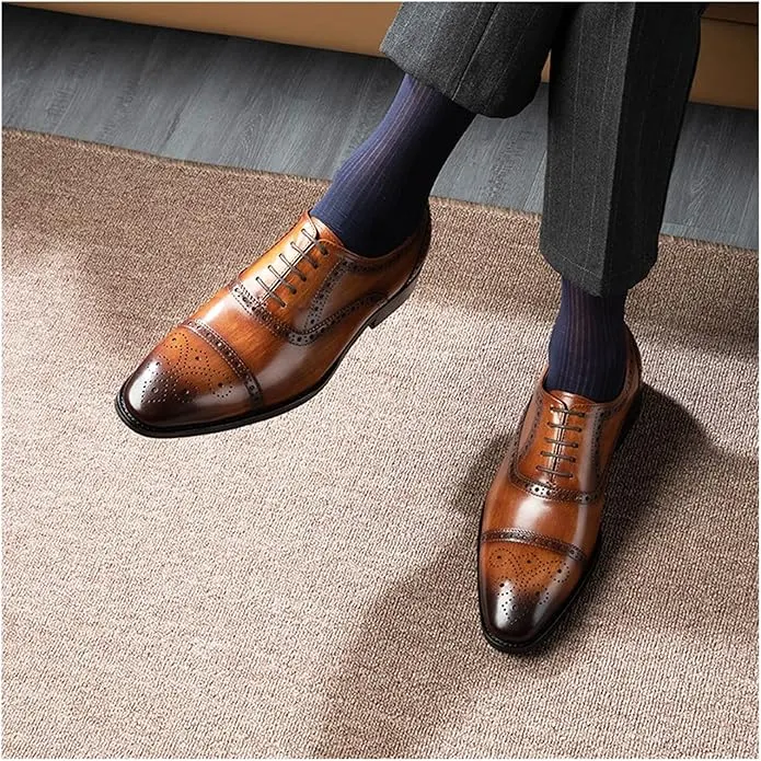 Handmade Mens Tan brogue oxford shoes, Men brown dress shoes, Shoes for men