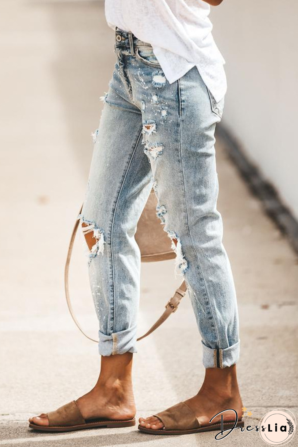 Street Print Tassel Ripped Mid Waist Straight Bottoms