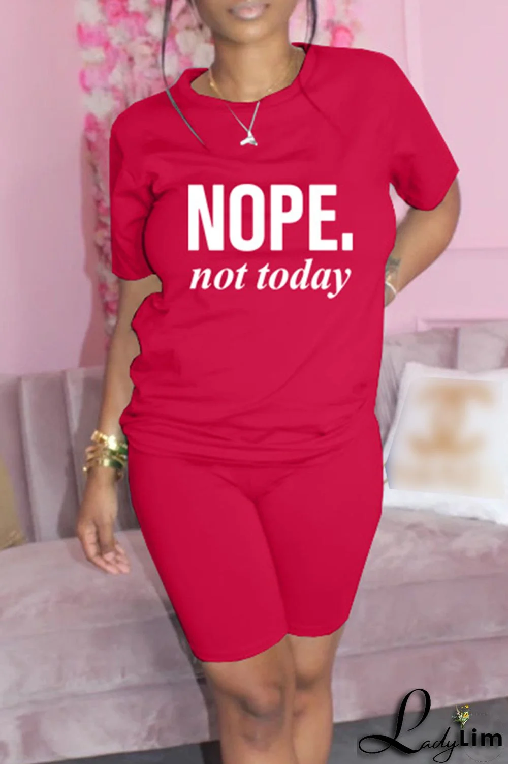 Blue Fashion Casual Letter Print Basic O Neck Short Sleeve Two Pieces