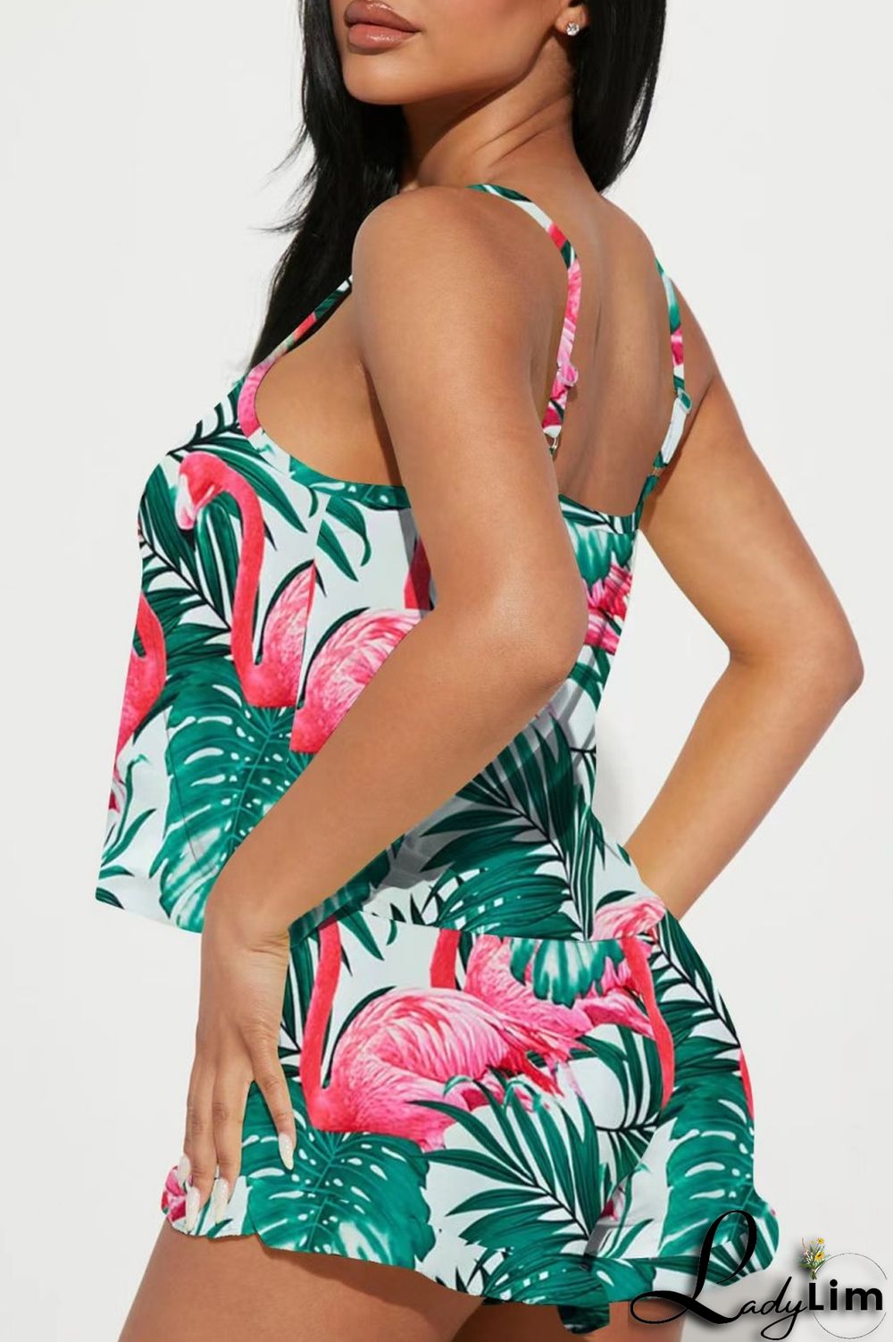 Light Blue Sexy Casual Print Backless Spaghetti Strap Two Pieces